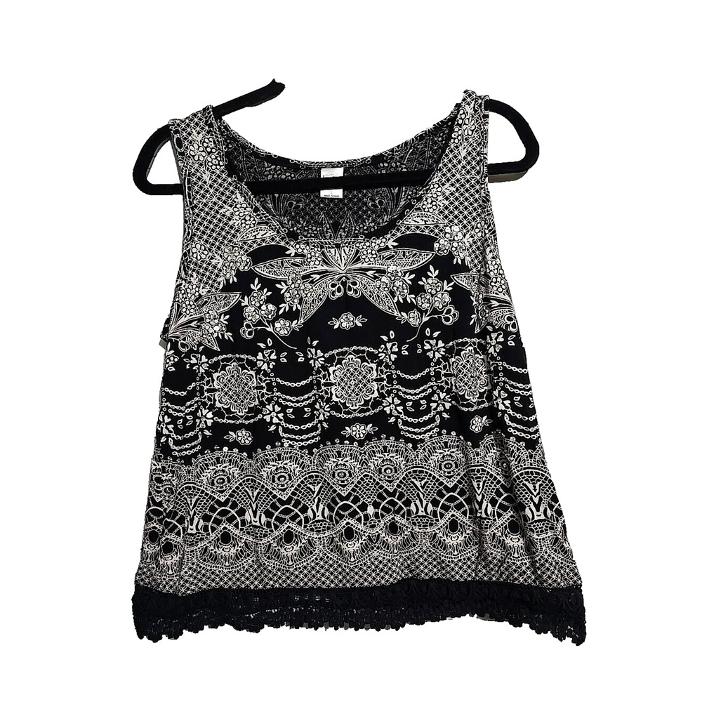 Bila Black Floral Beaded Sequin Crochet Hem Sleeveless Tank Top Womans Sz Large